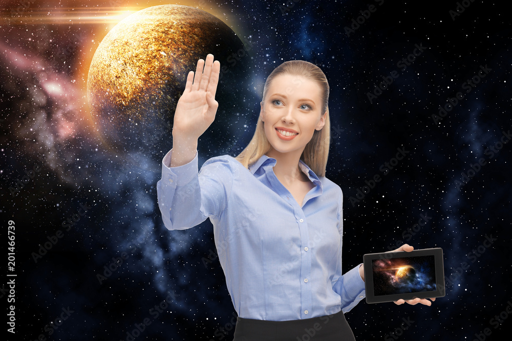 business, future technology and people concept - smiling businesswoman with tablet pc computer or navigator and planet hologram over space background business, future technology and people concept - smiling businesswoman with tablet pc computer or navigator and planet hologram over space background
