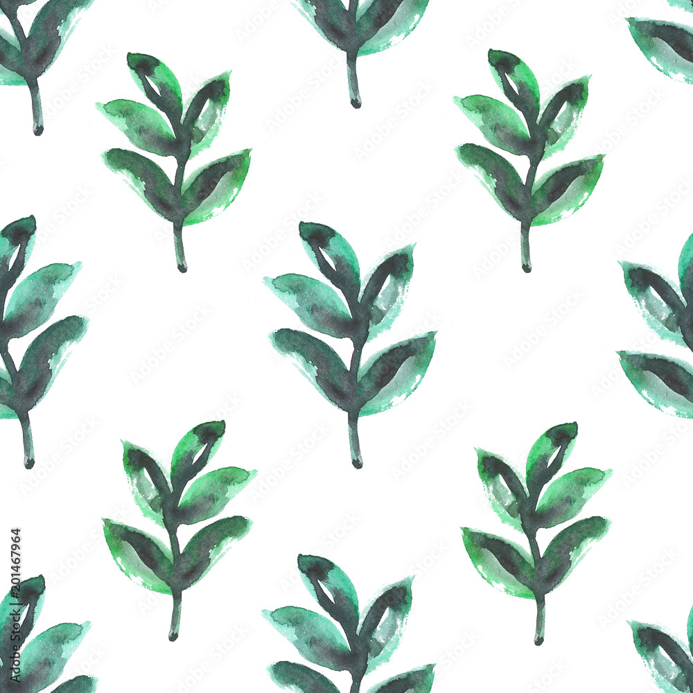 Seamless design with green watercolor plants on white background Seamless design with green watercolor plants on white background