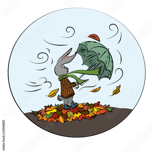 Rabbit with an umbrella for a walk on a windy autumn day