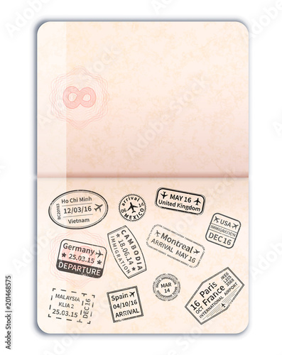 Realistic open foreign passport with black immigration stamps and empty page on white