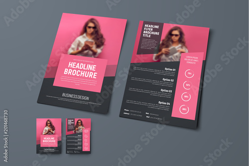 Design the front and back pages of the brochure with pink rectangular elements and a place for photos.