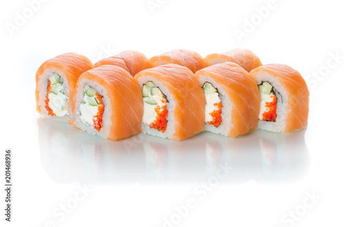 White background isolated with reflection, sushi rolls Japanese cuisine beautiful