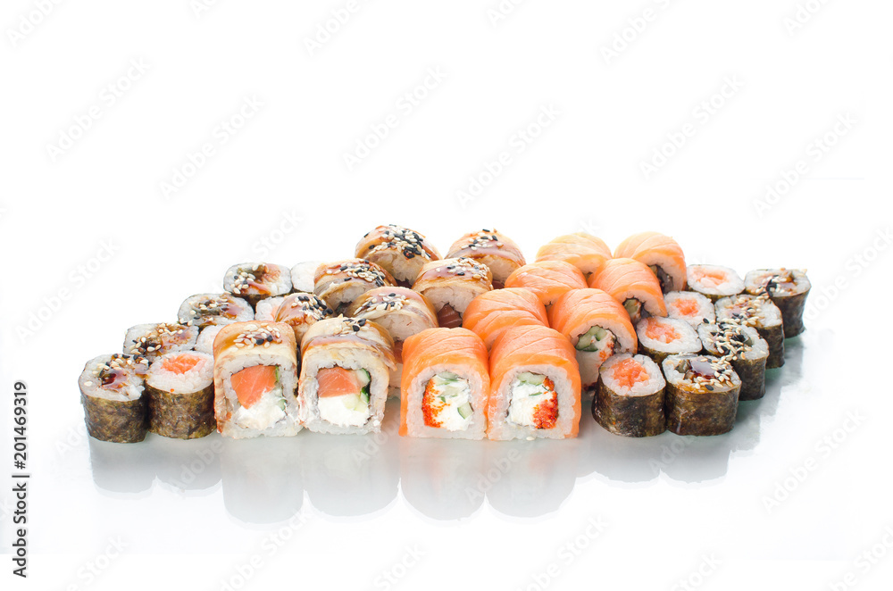 On white background isolated with reflection, sushi rolls Japanese cuisine beautiful lot set different On white background isolated with reflection, sushi rolls Japanese cuisine beautiful lot set different