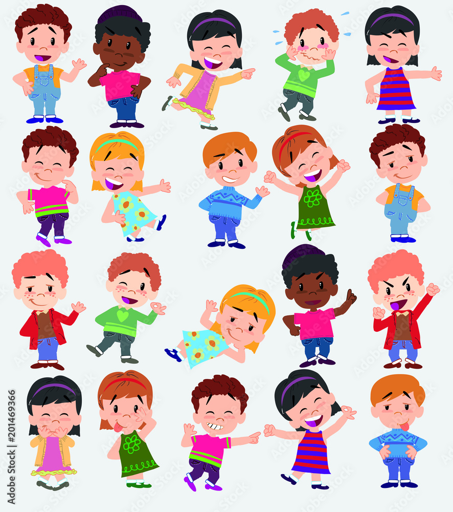 Cartoon character boys and girls. Set with different postures, attitudes and poses, always in positive attitude, doing different activities. Vector illustrations.