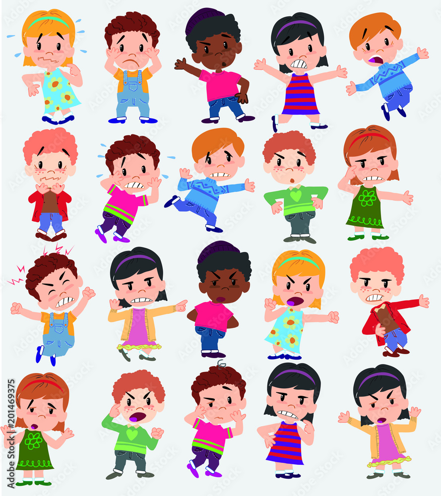 Cartoon character boys and girls. Set with different postures, attitudes and poses, always in negative attitude, doing different activities. Vector illustrations. Cartoon character boys and girls. Set with different postures, attitudes and poses, always in negative attitude, doing different activities. Vector illustrations.