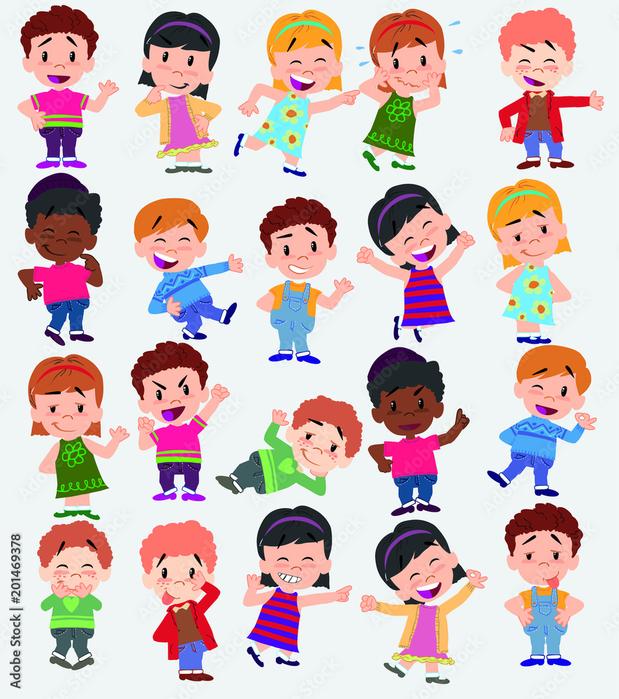 Cartoon character boys and girls. Set with different postures, attitudes and poses, always in positive attitude, doing different activities. Vector illustrations.