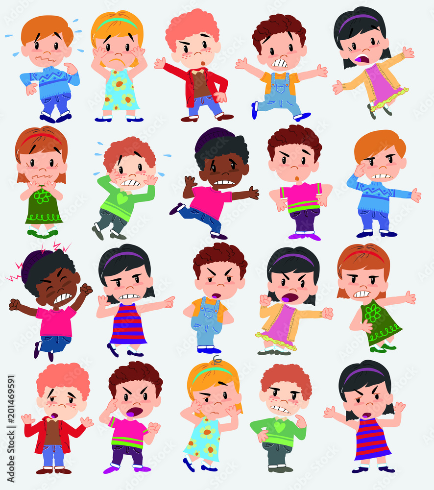 Cartoon character boys and girls. Set with different postures, attitudes and poses, always in negative attitude, doing different activities. Vector illustrations.