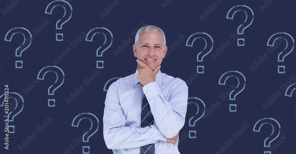 Man thinking with stencil question marks Man thinking with stencil question marks