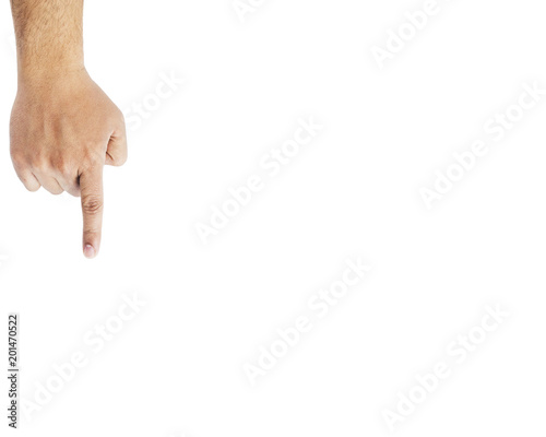 man's finger pointing down or touching isolated on white background