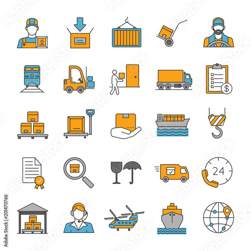 Cargo shipping color icons set