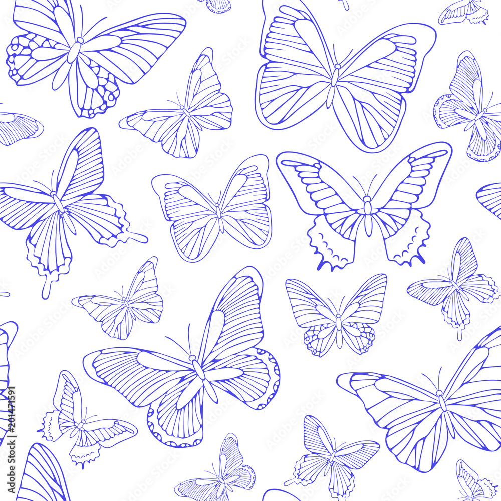 Naklejka Seamless background with blue butterflies. Hand drawn pattern.Vector illustration. Outline drawing. Pattern for paper products or fabrics.