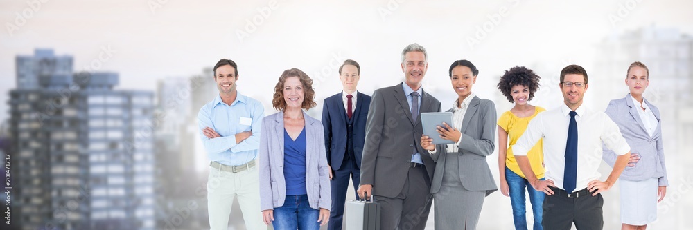 Business people and City buildings with flare light source Business people and City buildings with flare light source