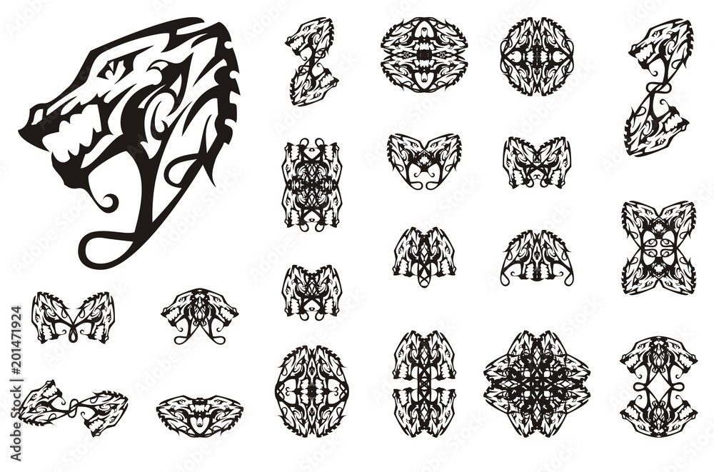 Tribal dragon collection tattoo art. Linear decorative symbols of a young dragon for your design. Black on white
