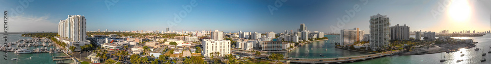 Panoramic aerial view of Miami beach and Venetian Way from Maurice Gibb Memorial Park