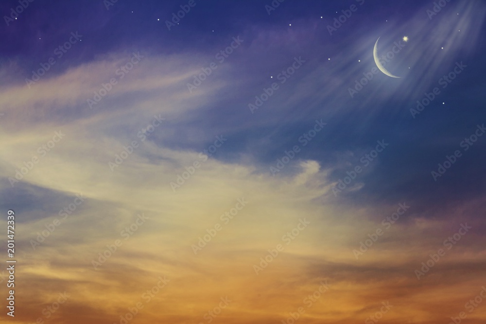 Crescent moon with Stars . Crescent moon with beautiful sunset background . Generous Ramadan 