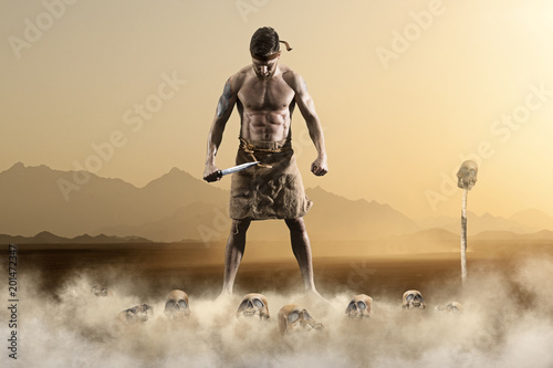 Warrior with sword on epic background