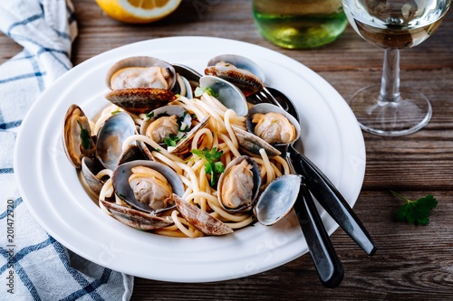 Traditional italian seafood pasta with clams Spaghetti alle Vongole