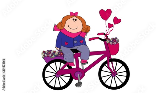 Chica alegre en bicicleta con flores y globos.