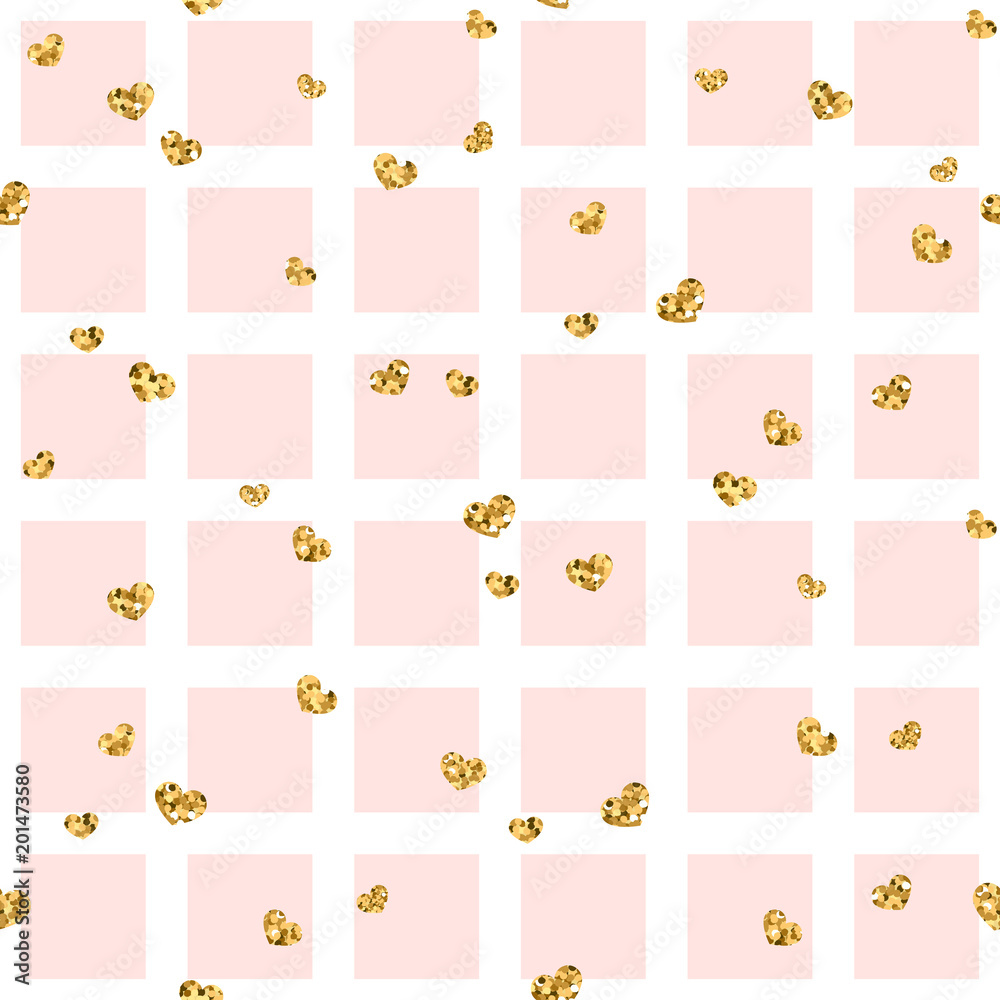 Gold heart seamless pattern. Pink-white geometric square, golden confetti-hearts. Symbol of love, Valentine day holiday. Design wallpaper, background, fabric texture. Vector illustration Gold heart seamless pattern. Pink-white geometric square, golden confetti-hearts. Symbol of love, Valentine day holiday. Design wallpaper, background, fabric texture. Vector illustration