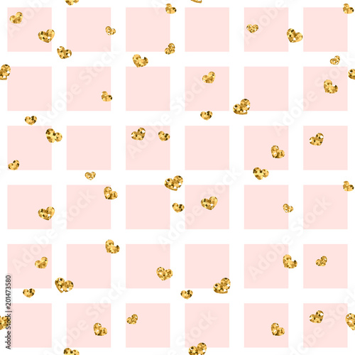 Gold heart seamless pattern. Pink-white geometric square, golden confetti-hearts. Symbol of love, Valentine day holiday. Design wallpaper, background, fabric texture. Vector illustration