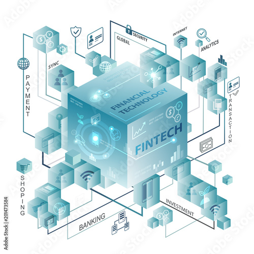 Fintech - Financial Technology and blockchain on diagram. Financial technology and Business investment infographic. Vector illustration.