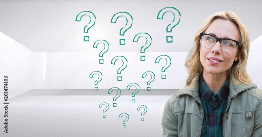 Woman thinking with stencil question marks Woman thinking with stencil question marks