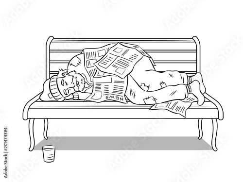 Homeless man on bench coloring book vector