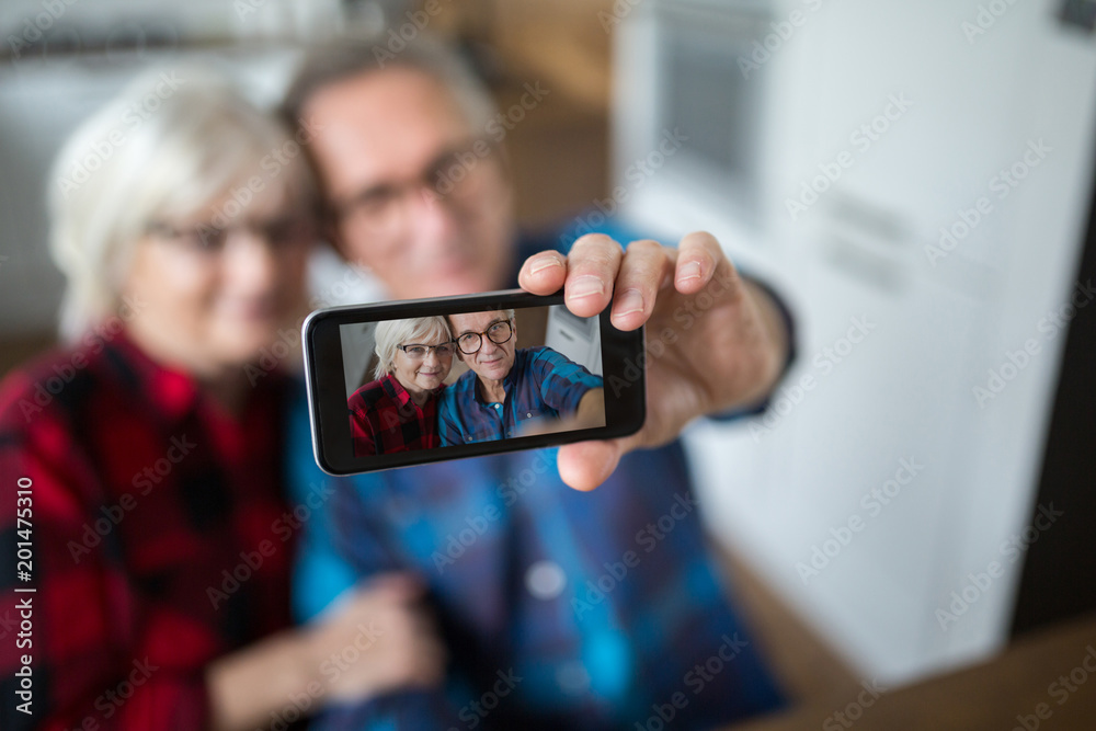 Senior couple taking selfie by mobile
