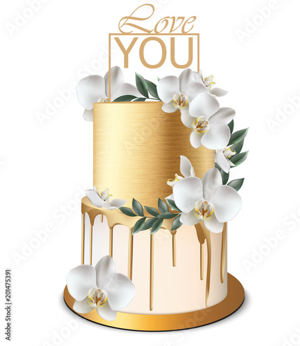 Luxury Gold cake Vector realistic. Birthday, anniversary, wedding royal dessert