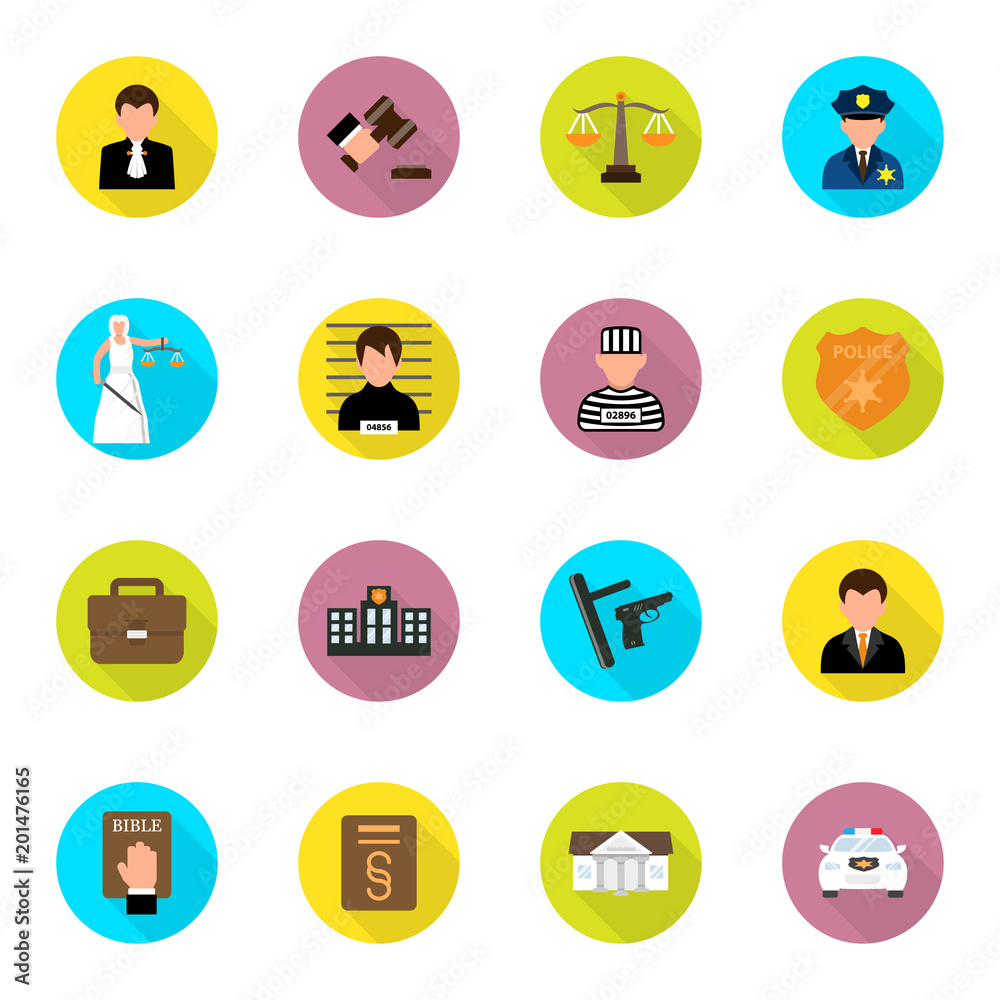 Vector set of criminal and prison,law icon with shadow in flat style. Vector set of criminal and prison,law icon with shadow in flat style.
