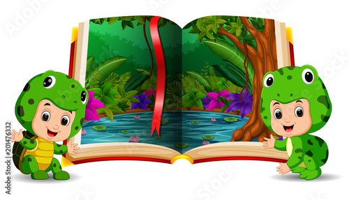 forest in the book and kids wearing a costume
