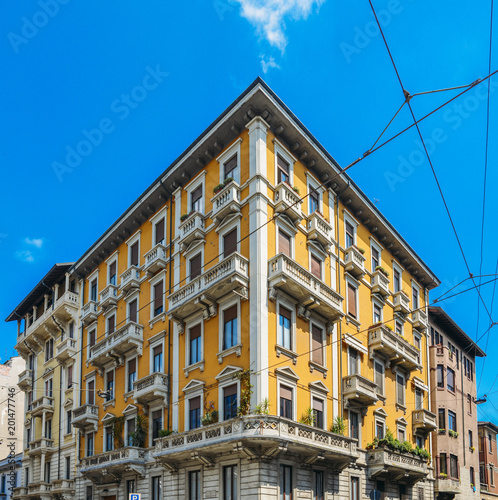 Colourful and bright art-noveau Liberty style buildings in Milan, Lombardy, Italy. © Alexandre Rotenberg