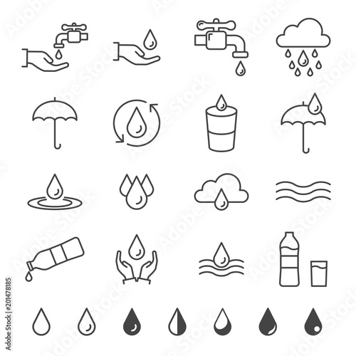 Water and drop icon set in thin line style. Vector illustration.