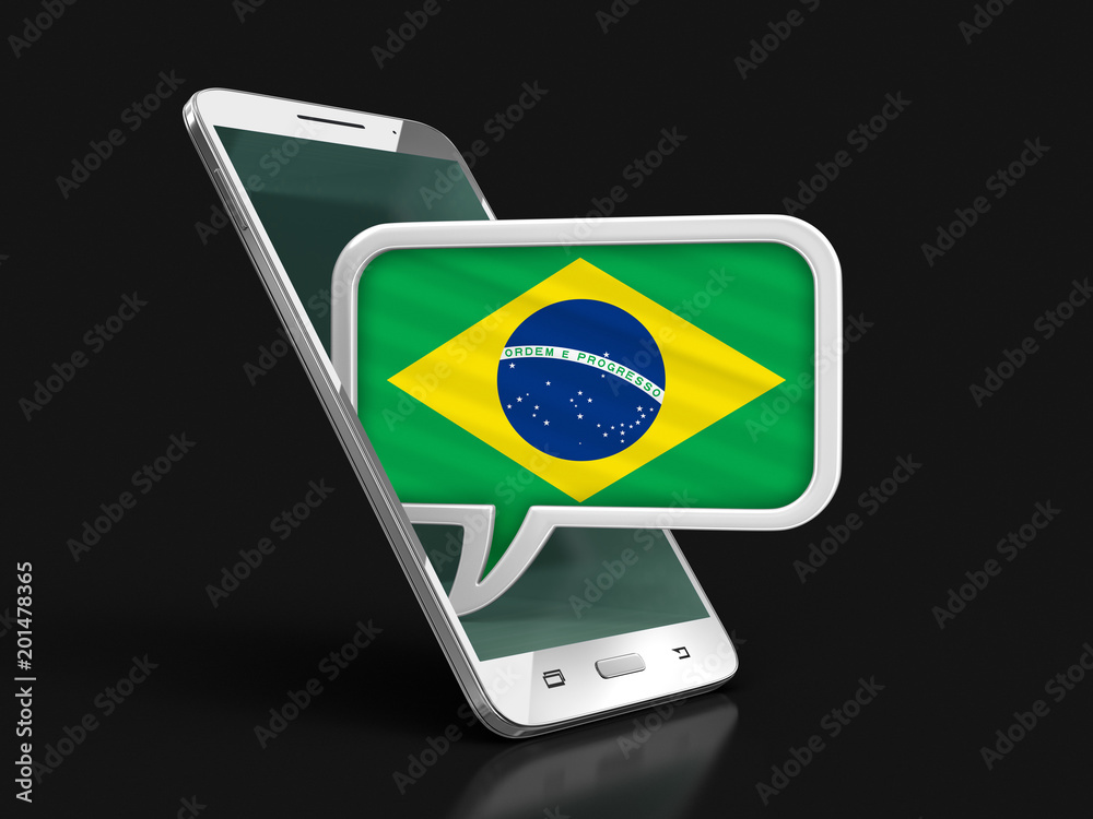 Touchscreen smartphone and Speech bubble with Brazilian flag. Image with clipping path