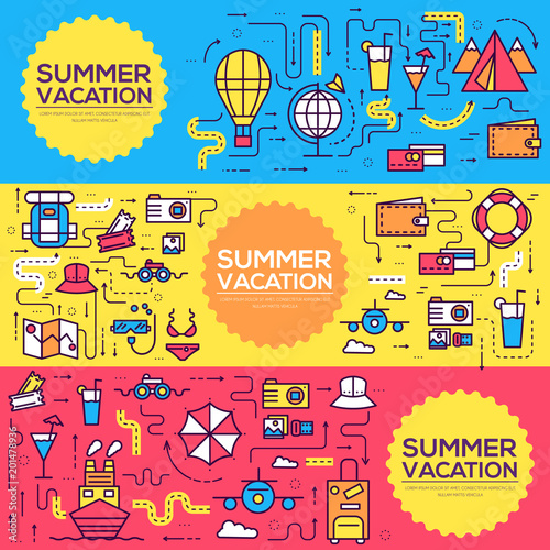 Summer travel infographic icons items banners design. Vacation rest with any elements set. Tour, trip, journey outline illustrations vector background. Tourist image on thin line style concept