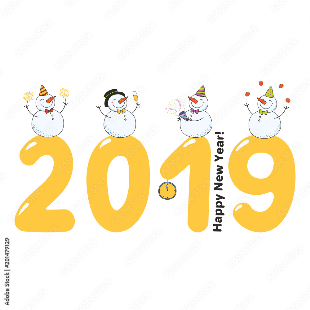 Hand drawn Happy New Year 2019 greeting card, banner template with cute  funny cartoon snowmen on big numbers, celebrating, text. Isolated objects.  Vector illustration. Design concept. Stock Vector | Adobe Stock