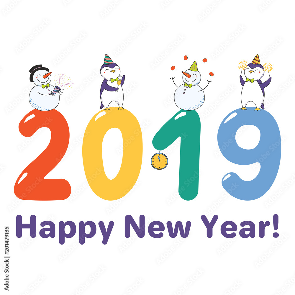 Hand drawn Happy New Year 2019 greeting card, banner template with cute funny cartoon penguins, snowmen on big numbers, celebrating, text. Isolated objects. Vector illustration. Design concept. Hand drawn Happy New Year 2019 greeting card, banner template with cute funny cartoon penguins, snowmen on big numbers, celebrating, text. Isolated objects. Vector illustration. Design concept.
