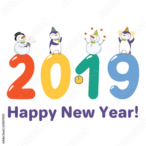 Hand drawn Happy New Year 2019 greeting card, banner template with cute funny cartoon penguins, snowmen on big numbers, celebrating, text. Isolated objects. Vector illustration. Design concept.