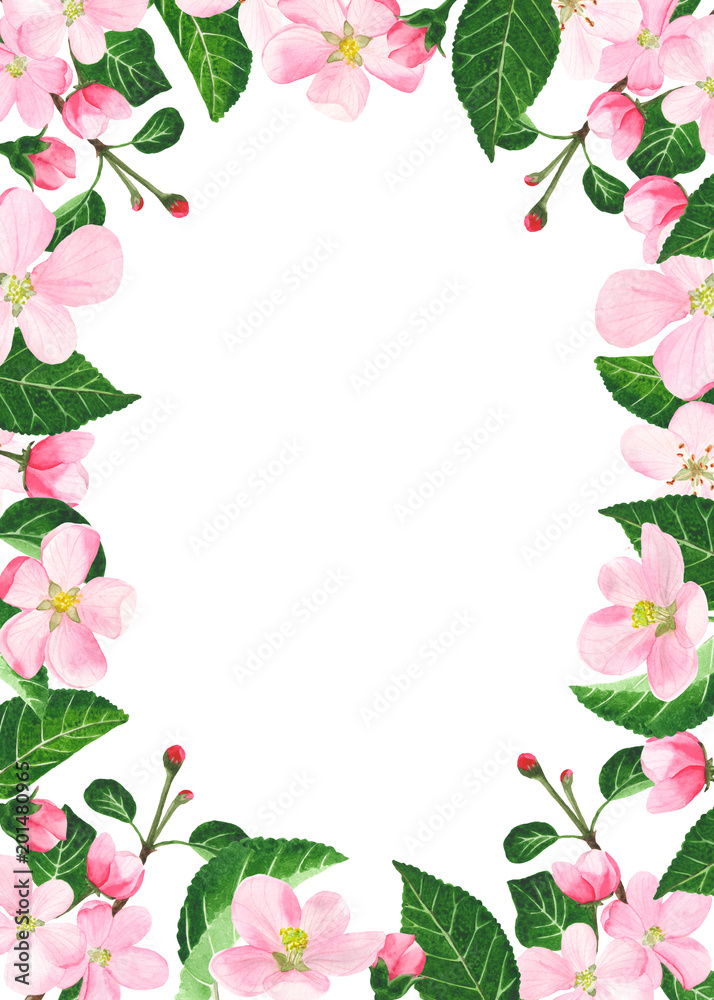 Flower border frame with watercolor. Texture with pink flowers and apple tree leaves. Suitable for invitations, greeting cards, weddings.