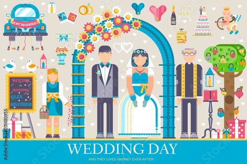 Flat wedding illustration thin line icon set. Vector happy marriage concept background