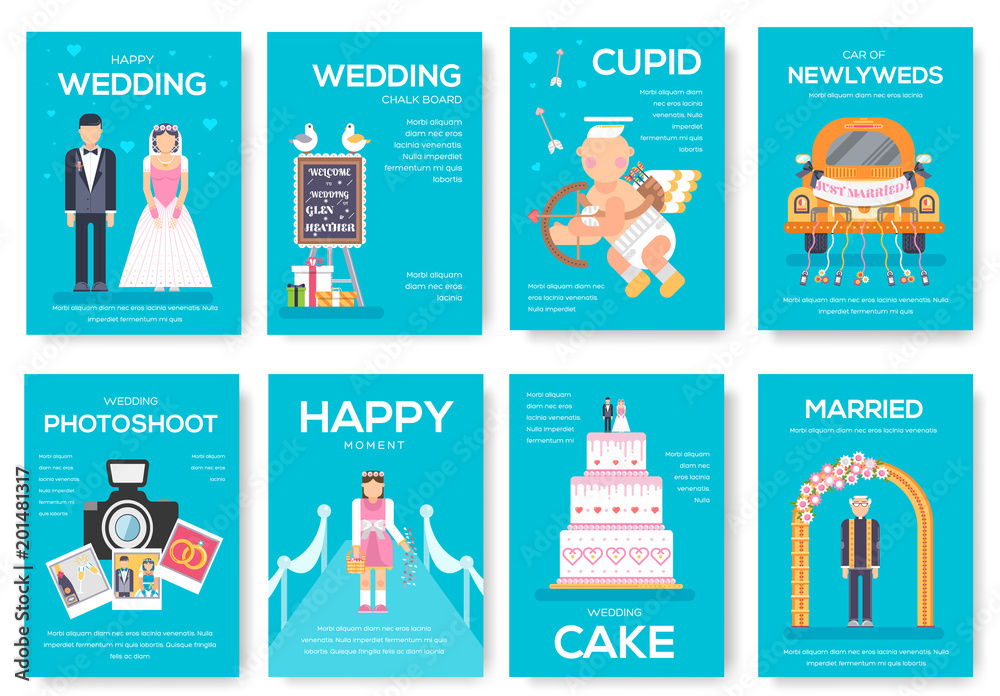 Wedding day vector brochure cards set. Marriage sign template of flyear, magazines, poster, book cover, banners. Happy time invitation concept background. Layout illustrations modern page