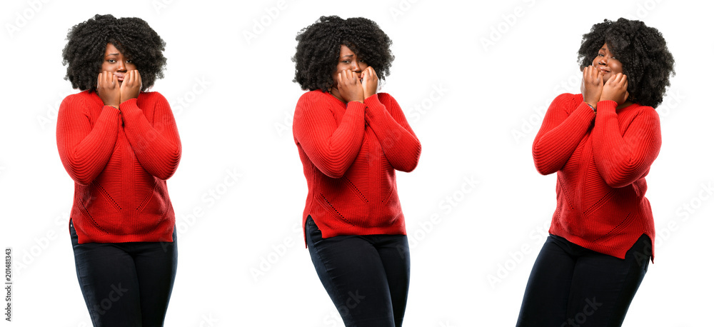 Young beautiful african plus size model terrified and nervous expressing anxiety and panic gesture, overwhelmed isolated over white background. Collection composition 3 figures collage