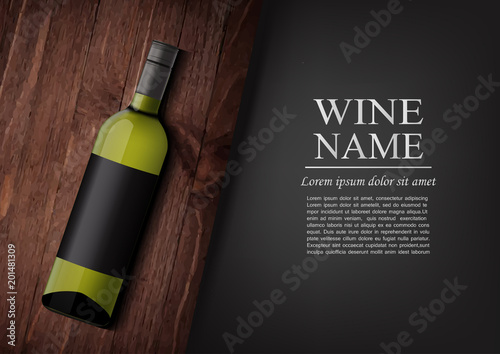 Advertising banner.A realistic bottle of white wine with black label in photorealistic style on wooden dark board,black background like chalk board,text.Wine presentation brochure.Vector illustration