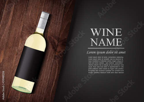 Advertising banner.A realistic bottle of white wine with black label in photorealistic style on wooden dark board,black background like chalk board,text.Wine presentation brochure.Vector illustration