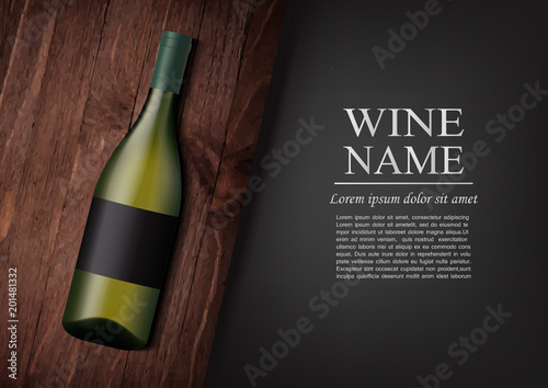 Advertising banner.A realistic bottle of white wine with black label in photorealistic style on wooden dark board,black background like chalk board,text.Wine presentation brochure.Vector illustration
