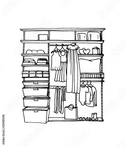 Graphical sketch of children's wardrobe with shelves and hangers