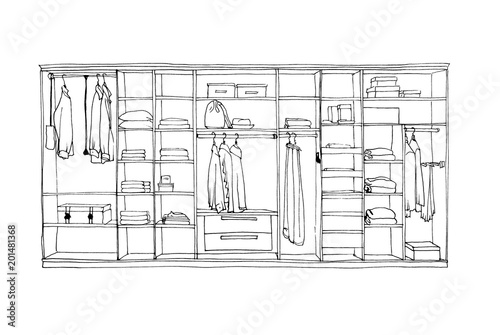 Graphical sketch of wardrobe with shelves and hangers