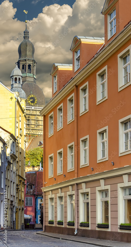 Narrow street in old Riga city - capital of Latvia