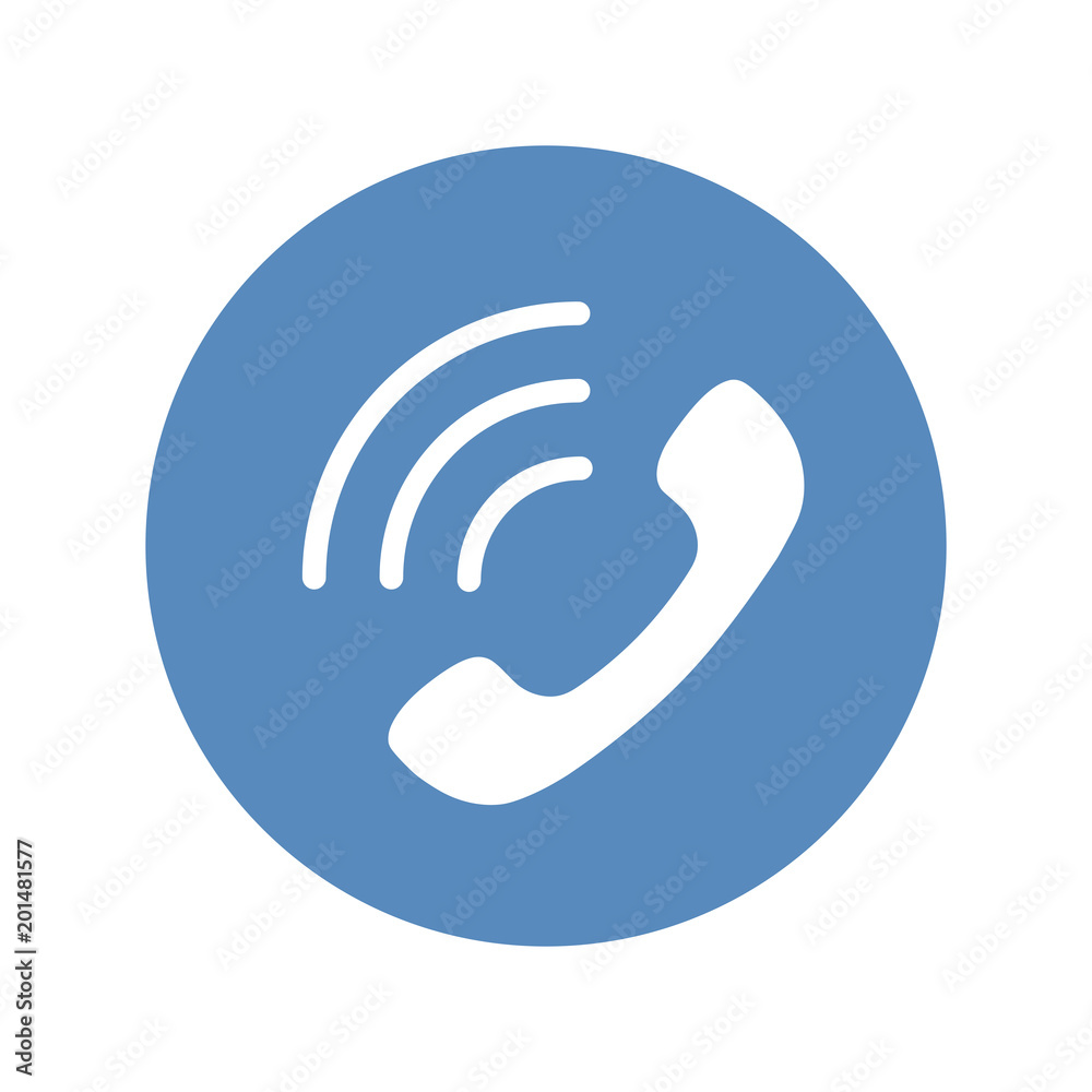 Phone icon, handset with waves as phone call sign in flat style placed in blue circle. Vector telephone symbol. Phone icon, handset with waves as phone call sign in flat style placed in blue circle. Vector telephone symbol.