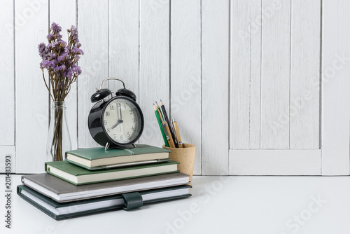 education workspace background concepts with White wooden vintage wall. back to school concepts